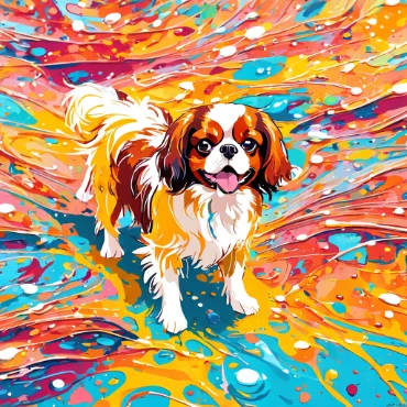 Colorful illustration of a playful Cavalier King Charles Spaniel on a bright, swirling background.