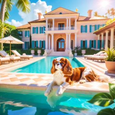 Cavalier King Charles Spaniel lounging by a luxurious poolside mansion.