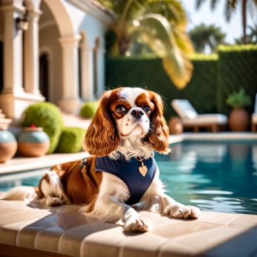 Cavalier King Charles Spaniel lounging by a poolside in a stylish outfit.