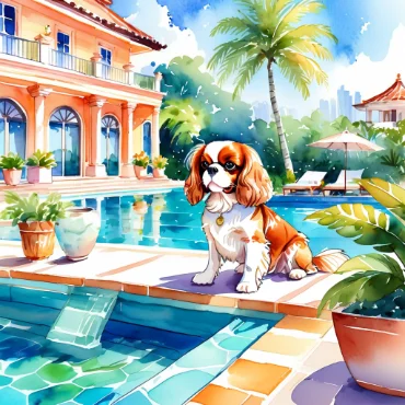 Cavalier King Charles Spaniel near a poolside with a tropical background.