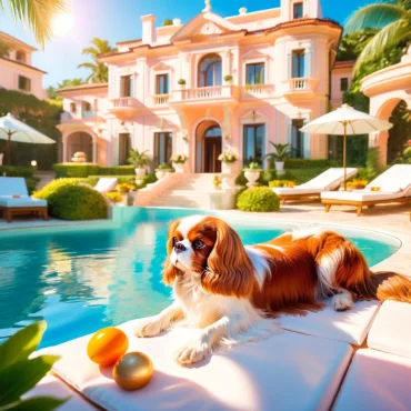 Cavalier King Charles Spaniel relaxing by a luxurious poolside at a mansion.