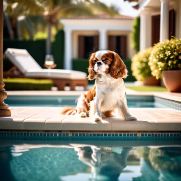 Cavalier King Charles Spaniel relaxing by a luxurious poolside.