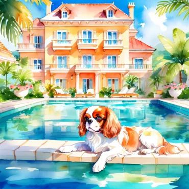 Cavalier King Charles Spaniel relaxing by a pool in front of a mansion.