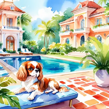 Cavalier King Charles Spaniel relaxing by a poolside in a tropical setting.