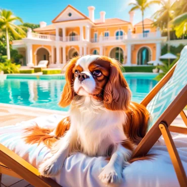 Cavalier King Charles Spaniel relaxing on a lounger by a luxurious pool.