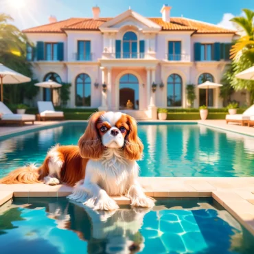 Cavalier King Charles Spaniel sitting by a luxurious pool in front of a mansion.