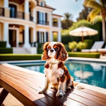 Cavalier King Charles Spaniel sitting elegantly by a poolside in a luxurious villa.