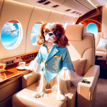 Cavalier King Charles Spaniel dressed in a blue suit sitting on a private jet.