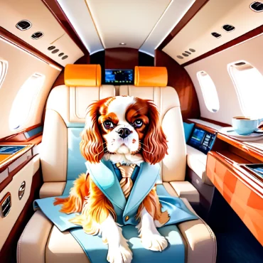 Cavalier King Charles Spaniel dressed in a suit, sitting in a private jet cabin.