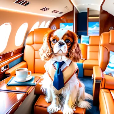 Cavalier King Charles Spaniel dressed in a suit sitting in a private jet.