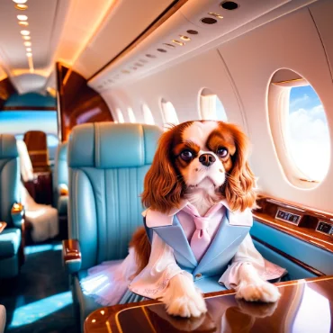 Cavalier King Charles Spaniel dressed in a suit, sitting inside a luxury private jet.