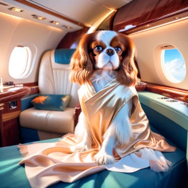 Cavalier King Charles Spaniel in a luxurious jet interior, draped in a golden blanket.