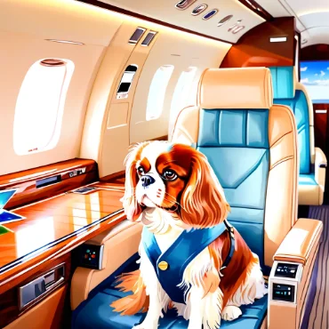 Cavalier King Charles Spaniel in a luxury airplane seat.