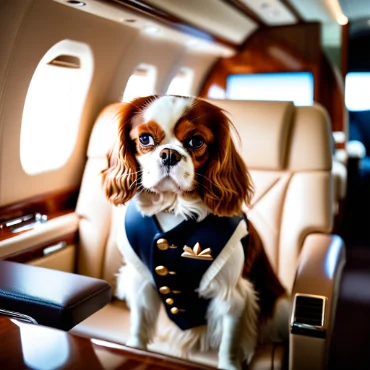 Cavalier King Charles Spaniel in a pilot outfit sitting in a luxury private jet.