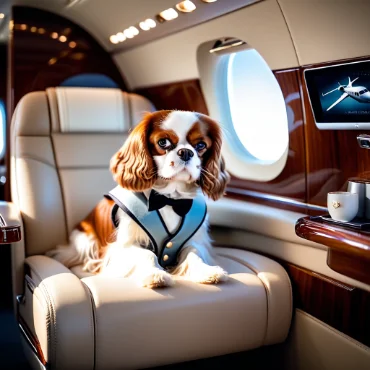 Cavalier King Charles Spaniel sitting in a luxury airplane seat.