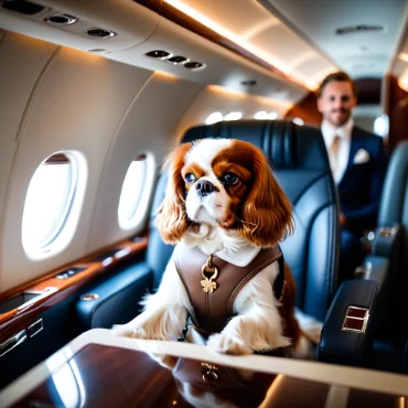 Cavalier King Charles Spaniel sitting in a private jet cabin with a passenger.