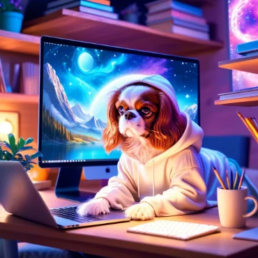 Cavalier King Charles Spaniel in a hoodie, sitting at a desk with a computer.