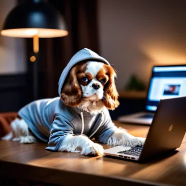 Cavalier King Charles Spaniel in a hoodie, sitting at a desk with a laptop.