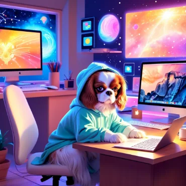 Cavalier King Charles Spaniel in a hoodie sitting at a desk with computers and a space-themed background.