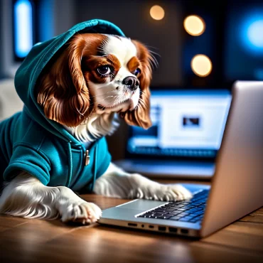 Cavalier King Charles Spaniel in a hoodie using a laptop.