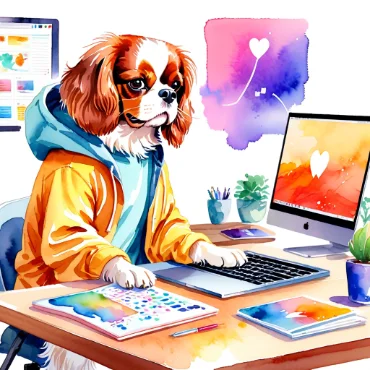 Cavalier King Charles Spaniel in a hoodie working at a desk with a computer and art supplies.