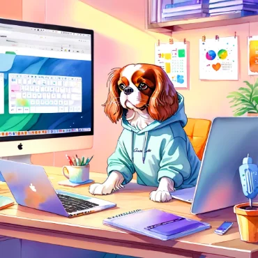 Cavalier King Charles Spaniel in a hoodie working at a desk with computers and stationery.