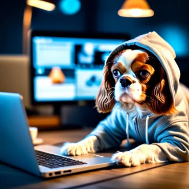 Cavalier King Charles Spaniel in a hoodie, working on a laptop.