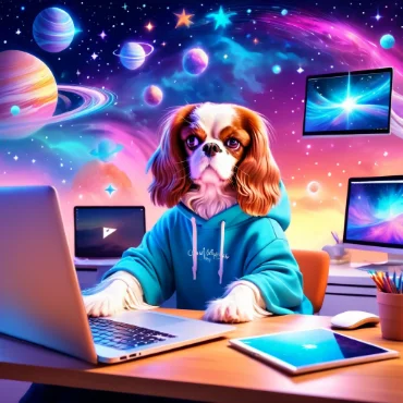 Cavalier King Charles Spaniel in a hoodie working on a laptop surrounded by a cosmic background.