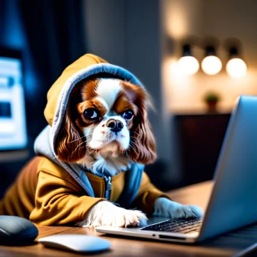 Cavalier King Charles Spaniel wearing a hoodie, sitting at a laptop in a cozy setting.