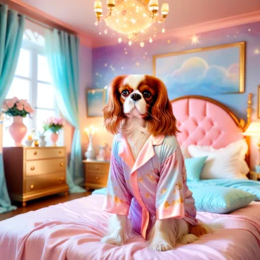 Cavalier King Charles Spaniel dressed in a pastel robe, sitting on a bed in a pink room.