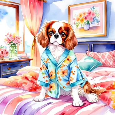 Cavalier King Charles Spaniel in a floral robe, relaxing in a colorful bedroom.