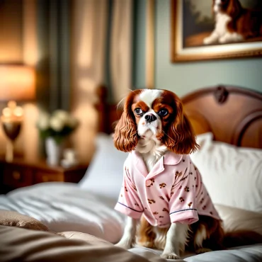 Cavalier King Charles Spaniel in a pink pajama sitting on a bed.