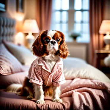 Cavalier King Charles Spaniel in pajamas sitting on a bed.