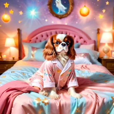 Cavalier King Charles Spaniel in pajamas sitting on a bed with a dreamy background.