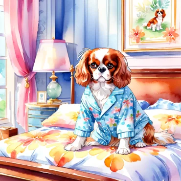 Cavalier King Charles Spaniel in pajamas sitting on a colorful bed.