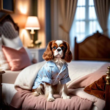 Cavalier King Charles Spaniel in pajamas, sitting on a plush bed in a cozy room.