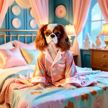 Cavalier King Charles Spaniel in pink pajamas sitting on a bed in a cozy bedroom.