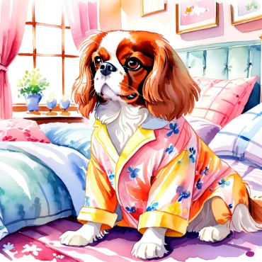 Cavalier King Charles Spaniel wearing a floral pajama on a bed with colorful pillows.