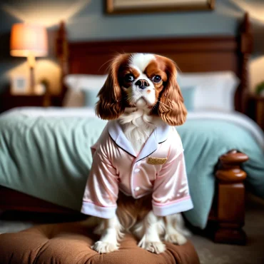 Cavalier King Charles Spaniel wearing a pink pajama outfit, sitting in a luxurious bedroom.