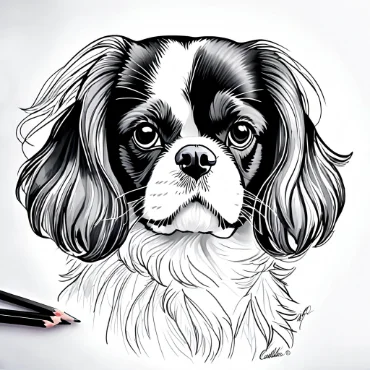 Black and white illustration of a Cavalier King Charles Spaniel with detailed fur.