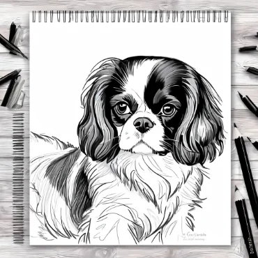 Black and white sketch of a Cavalier King Charles Spaniel with long ears and expressive eyes.