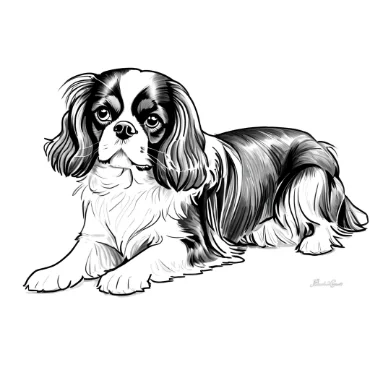 Cavalier King Charles Spaniel illustration in black and white, lying down.