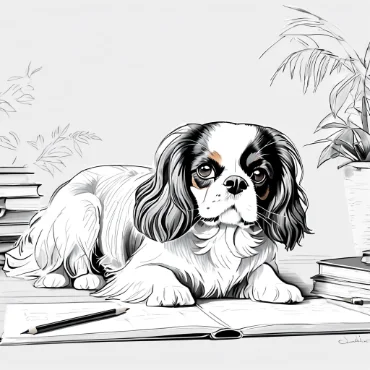 Cavalier King Charles Spaniel resting on a desk with books and a plant.