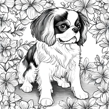 Cavalier King Charles Spaniel surrounded by flowers, illustrated in black and white.