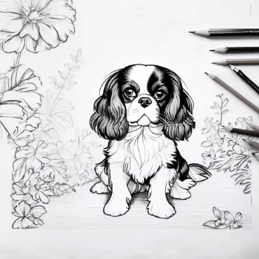 Illustration of a Cavalier King Charles Spaniel surrounded by flowers and drawing tools.