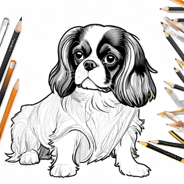 Outline drawing of a Cavalier King Charles Spaniel surrounded by colored pencils.