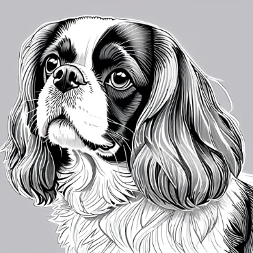 Stylized black and white illustration of a Cavalier King Charles Spaniel.