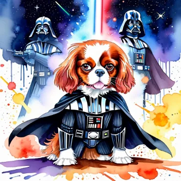 Cavalier King Charles Spaniel as Darth Vader, with two Vader figures in the background.