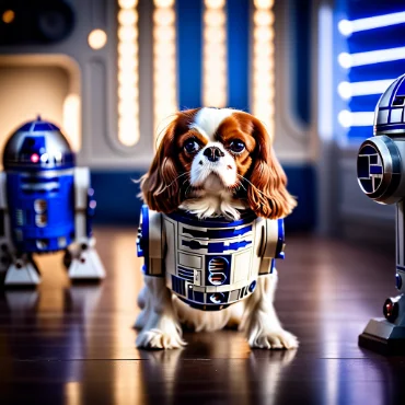 Cavalier King Charles Spaniel dressed as a droid, surrounded by two similar droid figures.