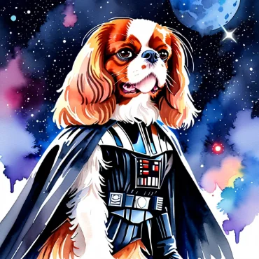 Cavalier King Charles Spaniel dressed as a space character in a colorful cosmic scene.